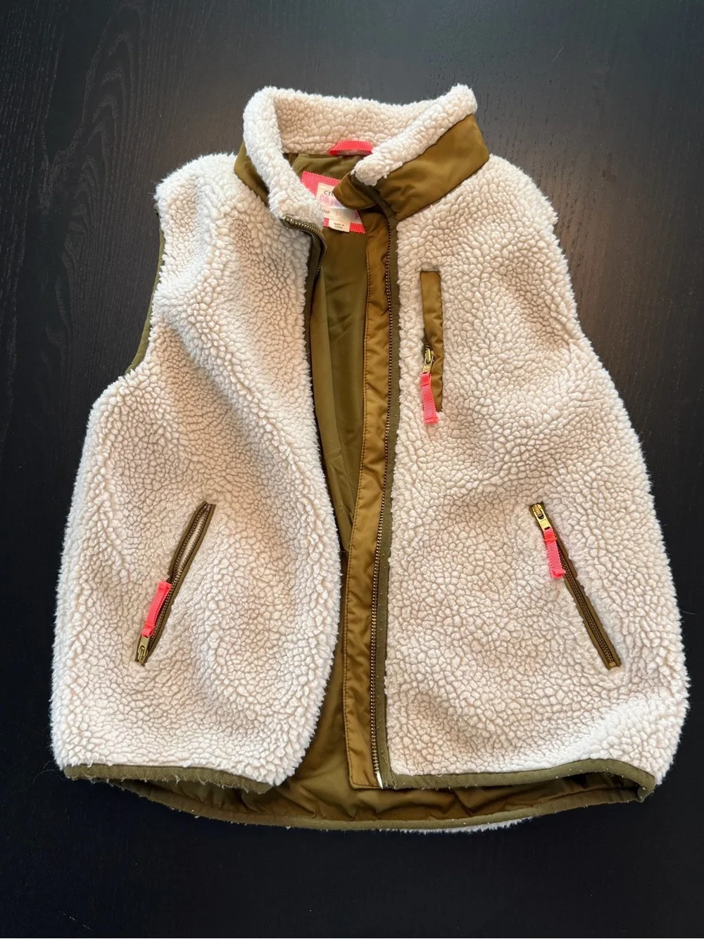 Crewcuts cream sherpa vest with olive body and neon pink trim